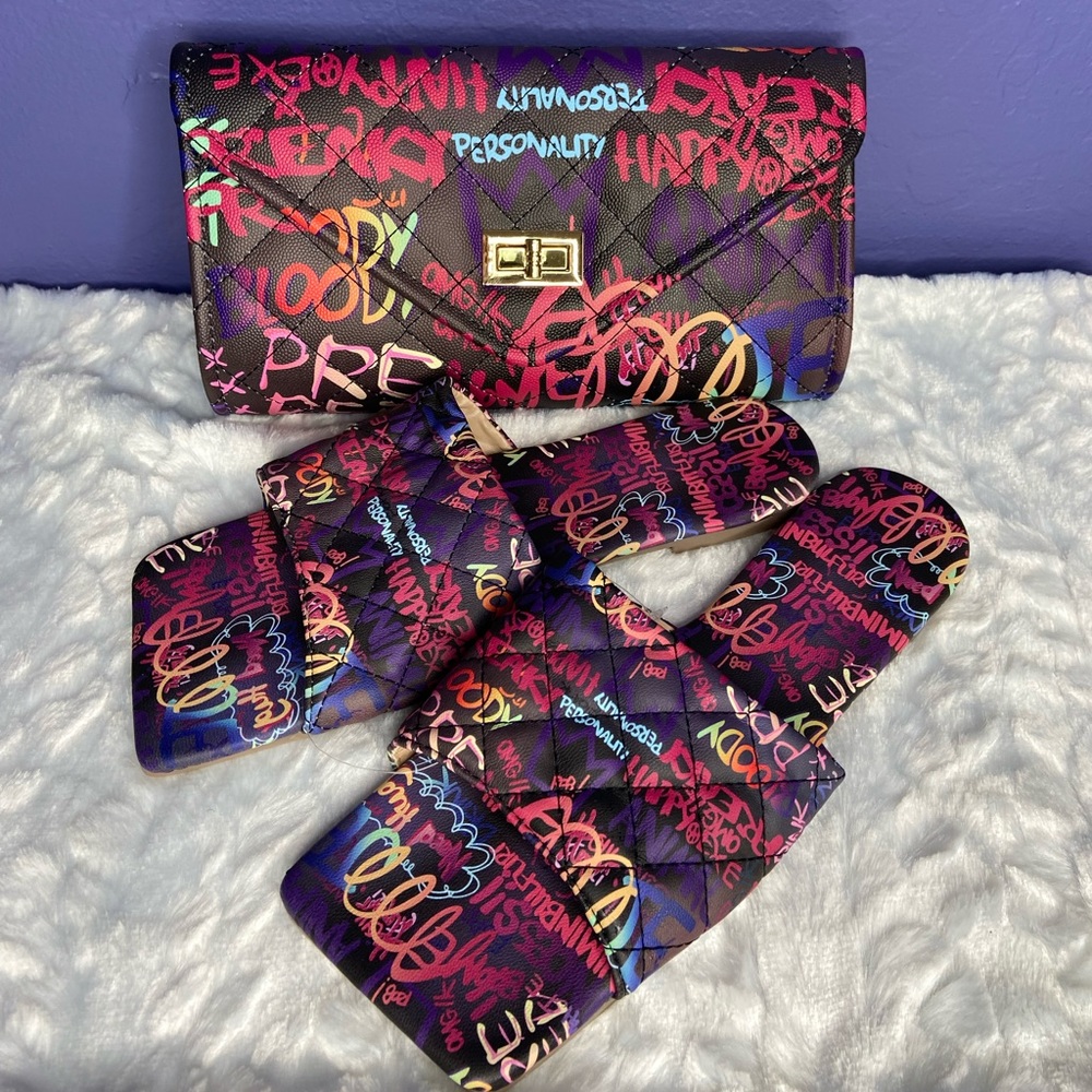 Graffiti crossbody/purse with matching sandals.